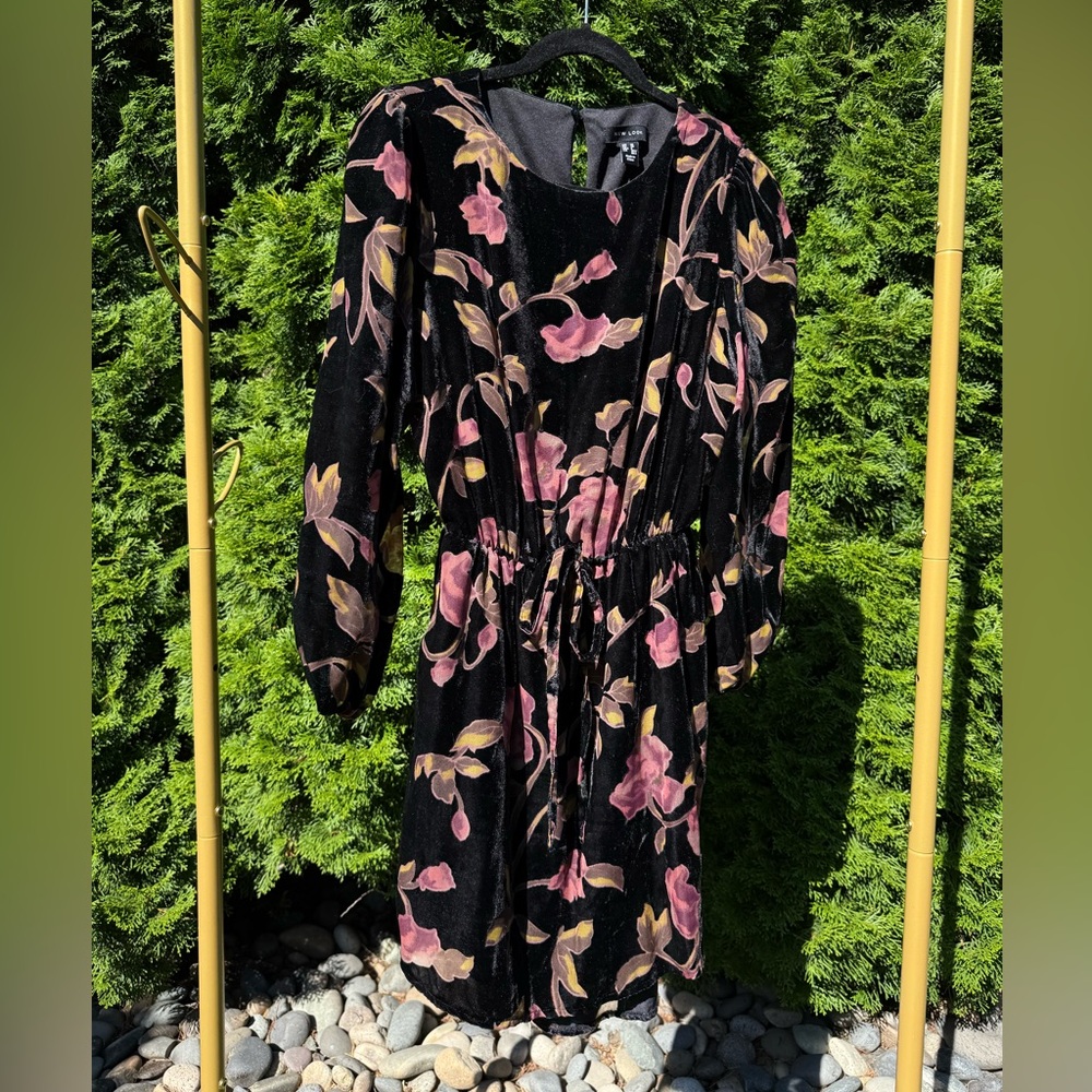 New Look Velvet Black Dress with Pink Floral Design